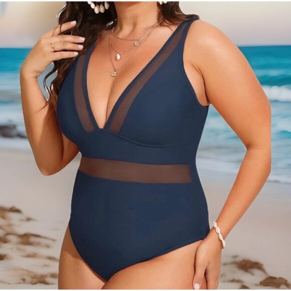 Cupshe Women’s Plus Size 2X Blue One-Piece Swimsuit V-Neck Mesh Tummy Control - Picture 2 of 9